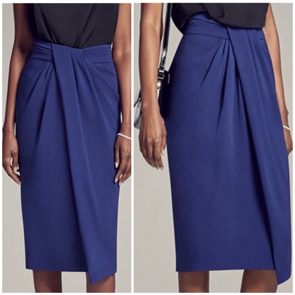 MM Lafleur Silk Skirt Royal Navy Lenox Foulard Draped Quiet Luxury 6 Office